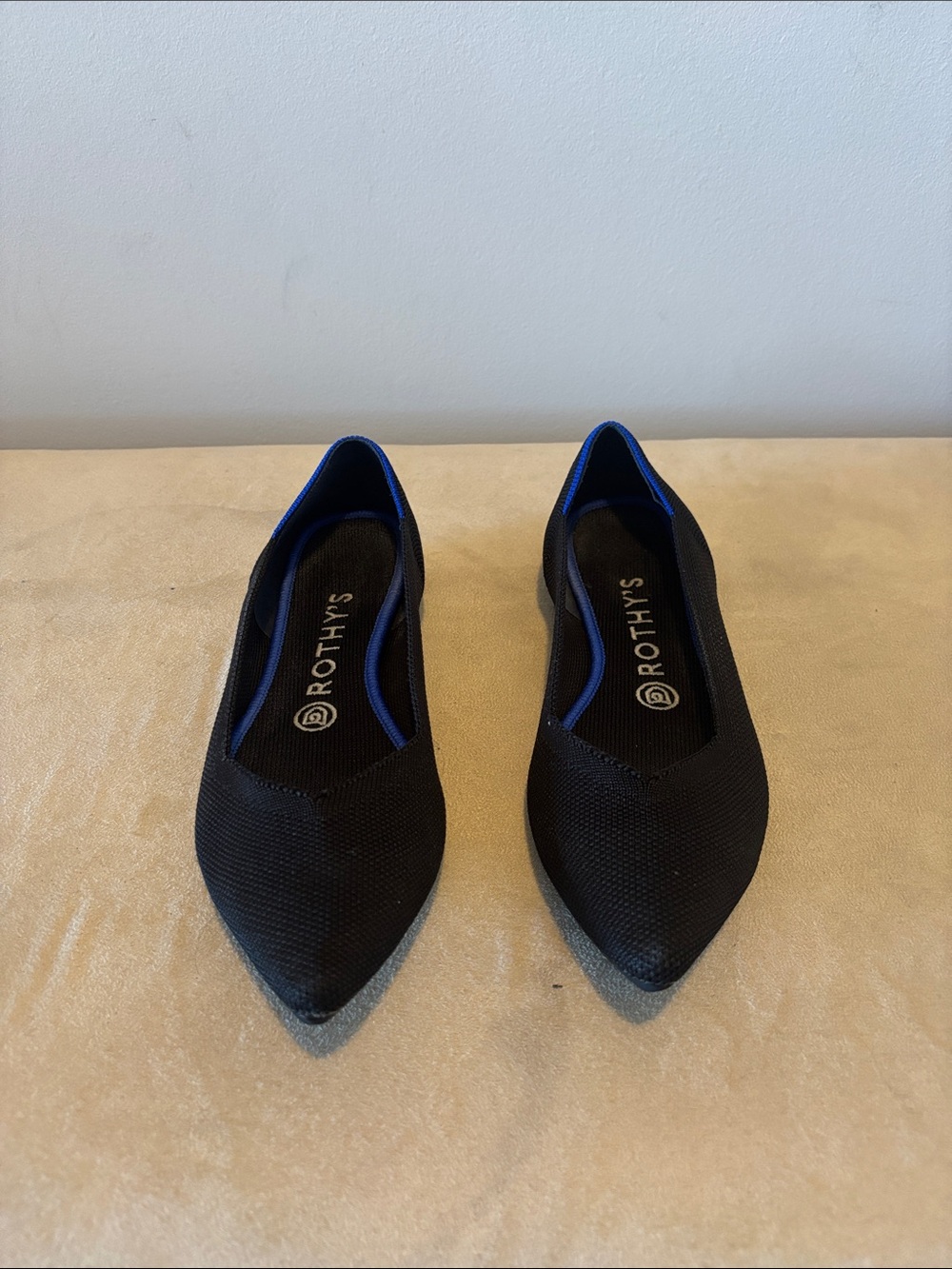 Rothy's Black Pointed Knit Flats with Blue Trim
